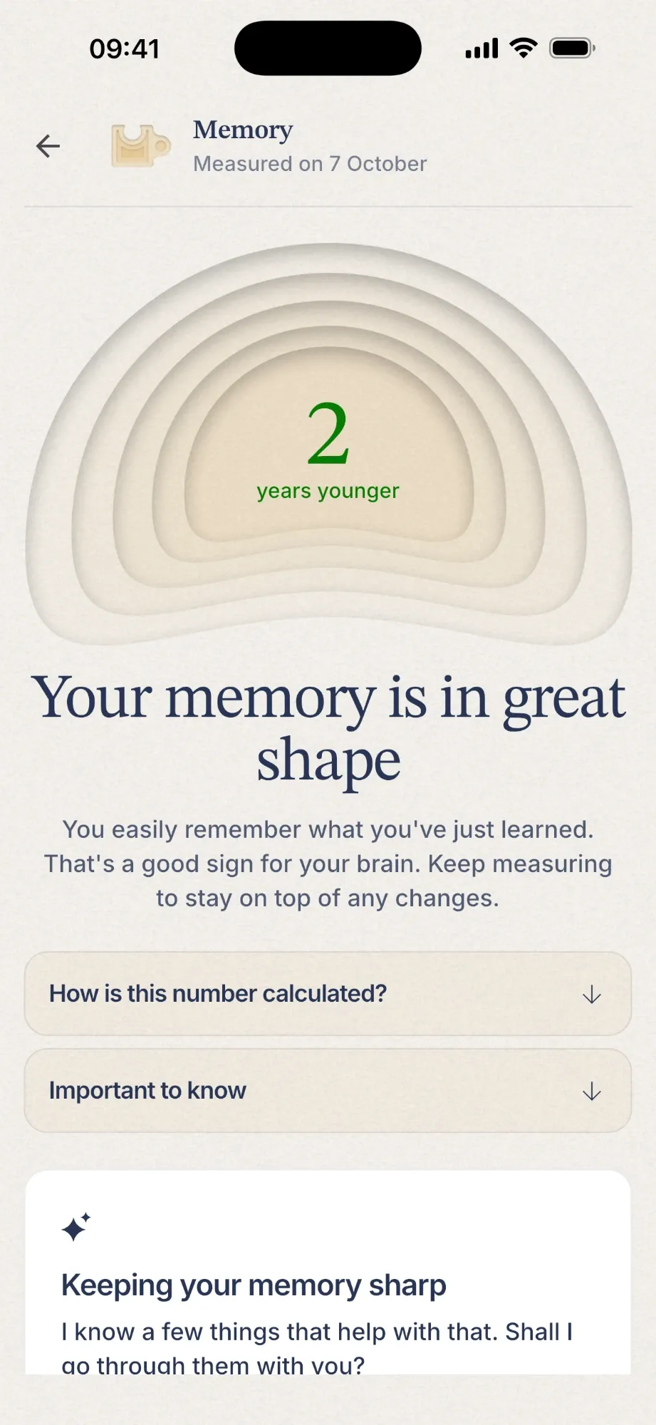 The memory test result in the Remind app: two years younger, with an explanation.