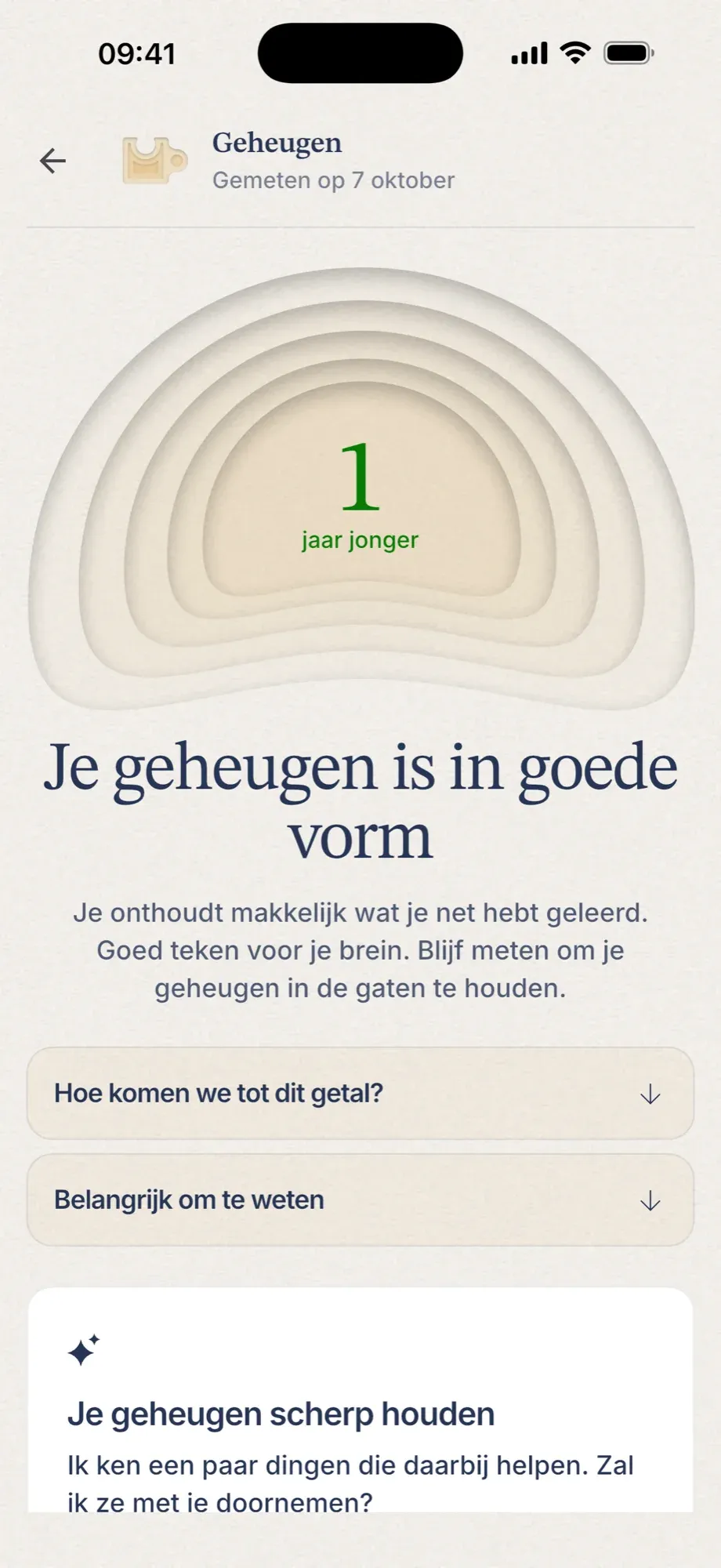 De uitslag van de geheugentest in de Remind app: een jaar jonger, met uitleg.