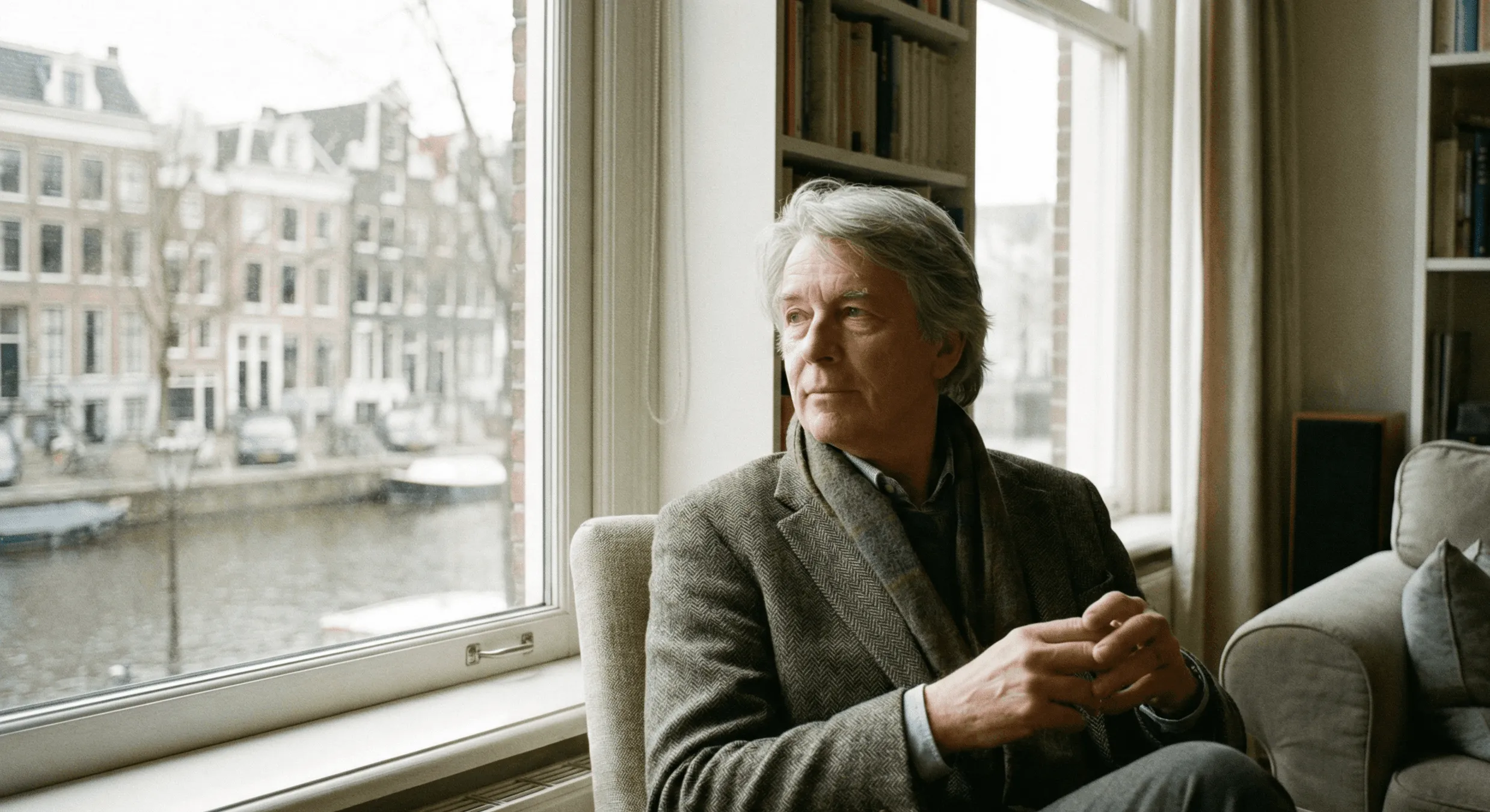 Een man kijkt bij het raam op zijn telefoon.
