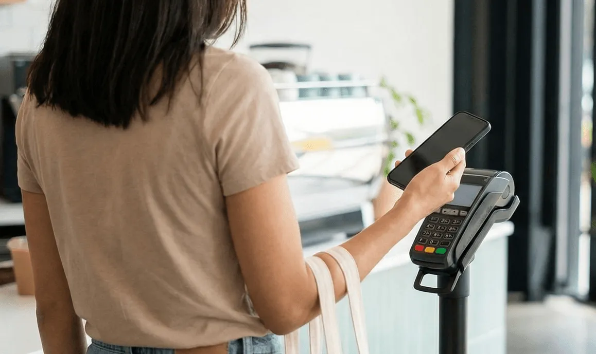 A woman pays with her phone in a shop.