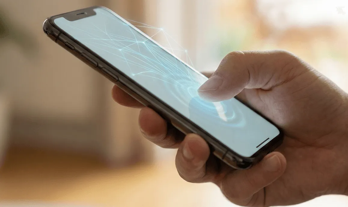 A hand types on a phone, with light trails across the screen.