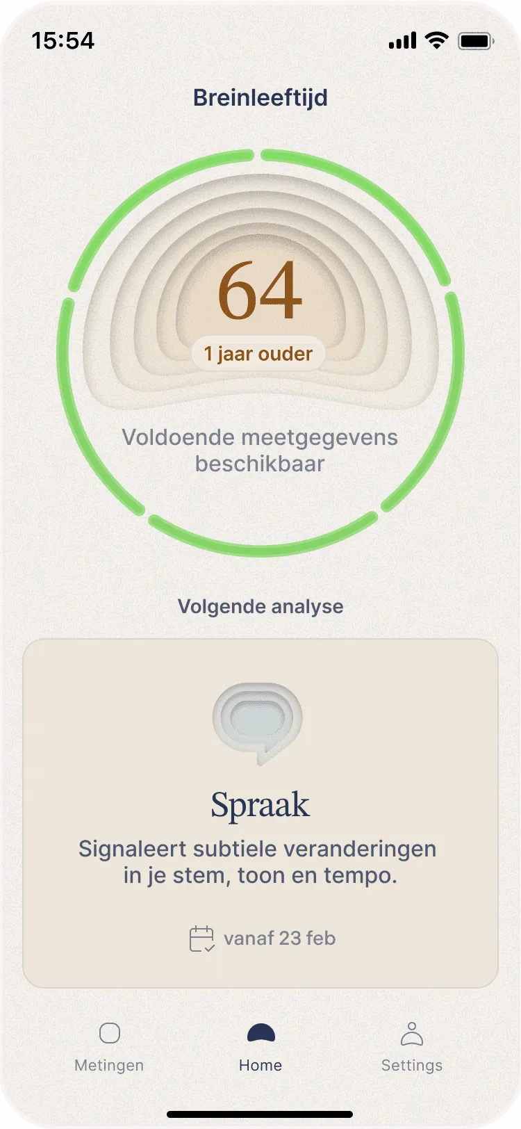 The Remind app showing a brain age of 64, with the next speech assessment below it.