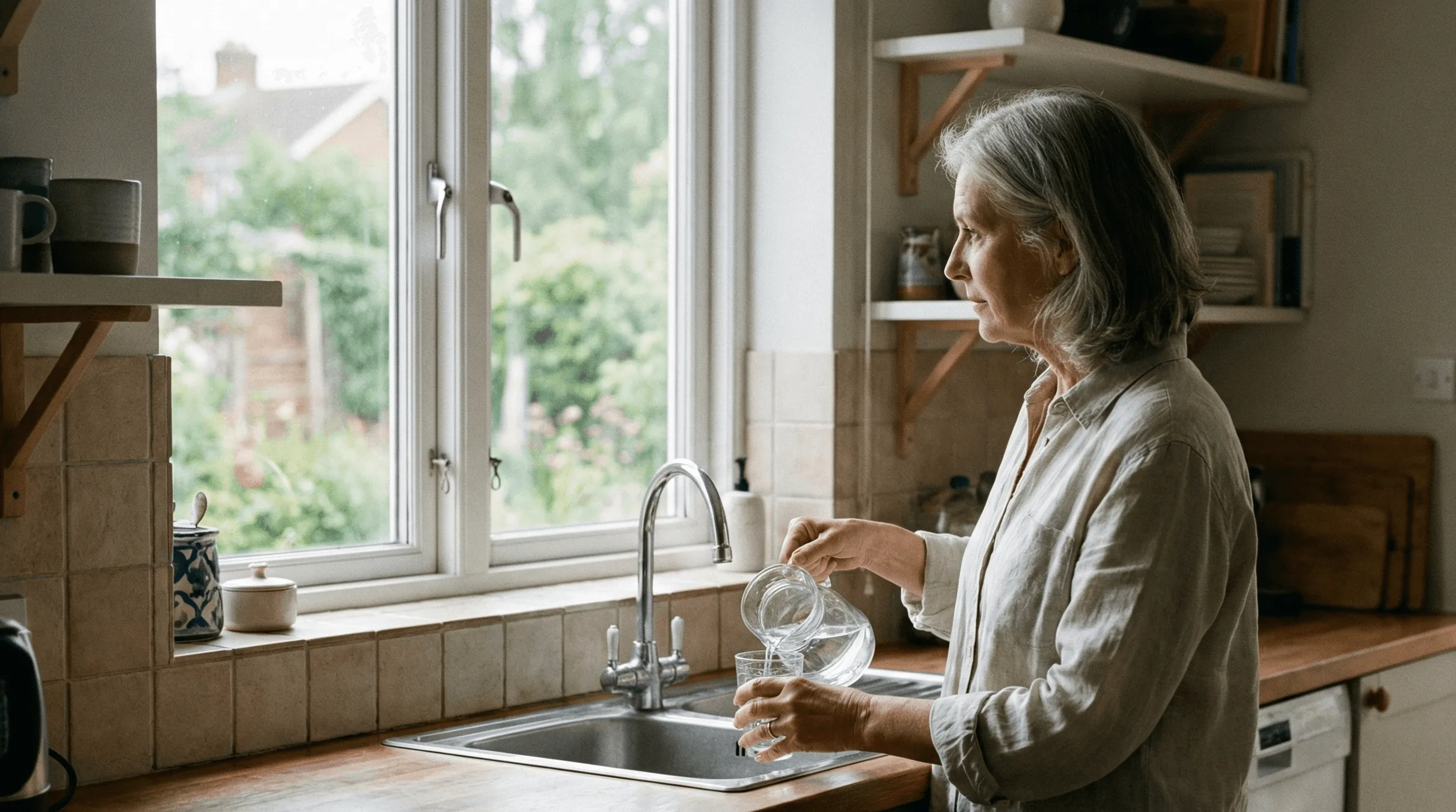 A woman fills a glass of water at the kitchen sink.