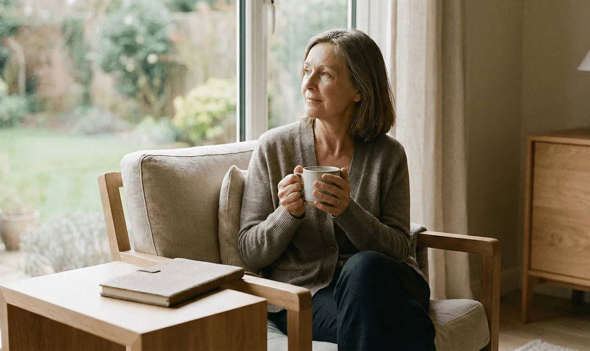 A woman sits in an armchair by the window with a cup of tea.