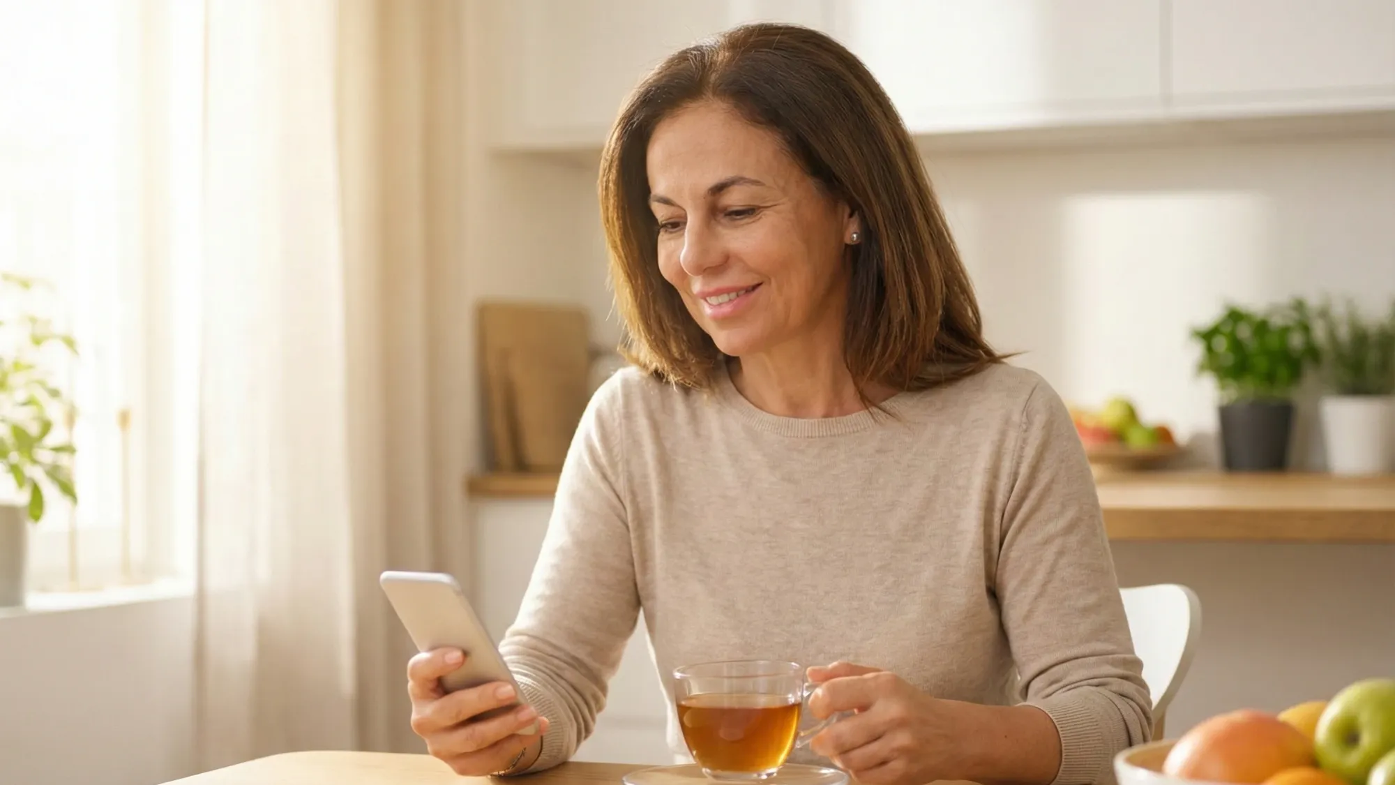A woman sits at the kitchen table with a cup of tea, smiling at her phone.