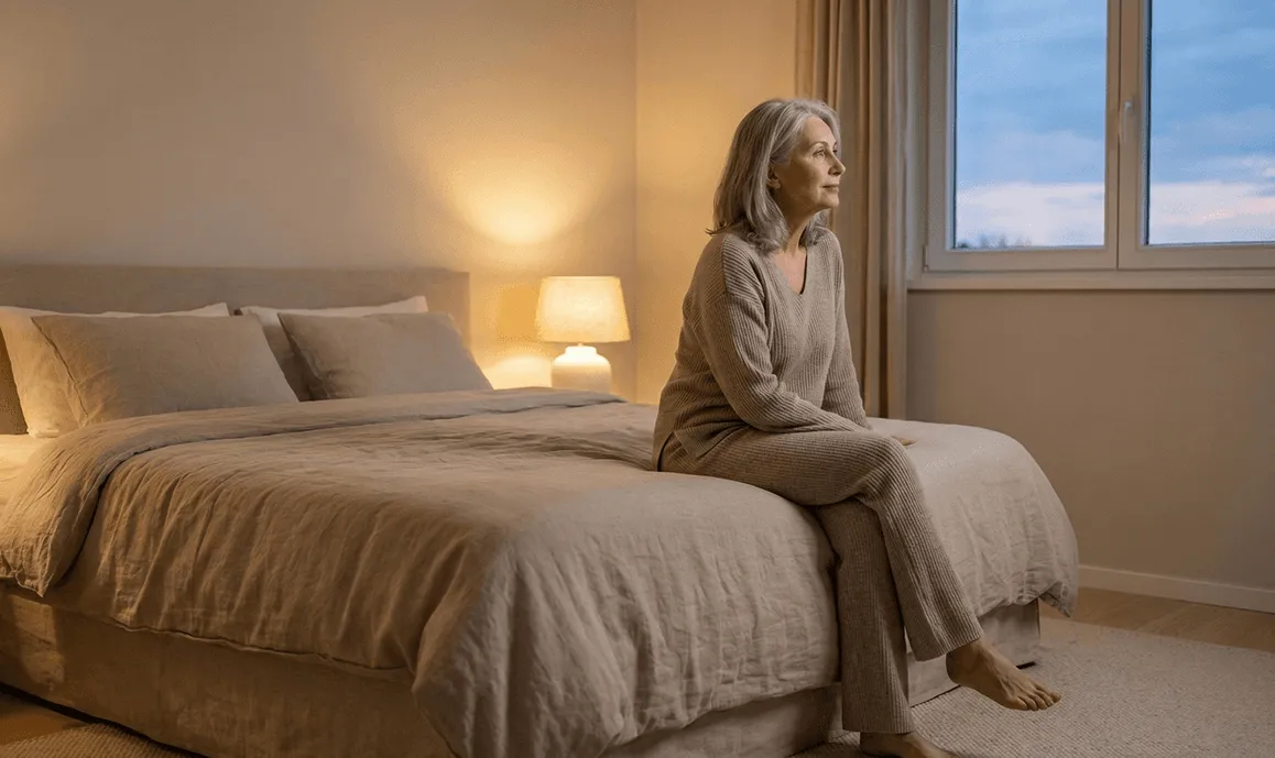 Een vrouw zit op de rand van haar bed.