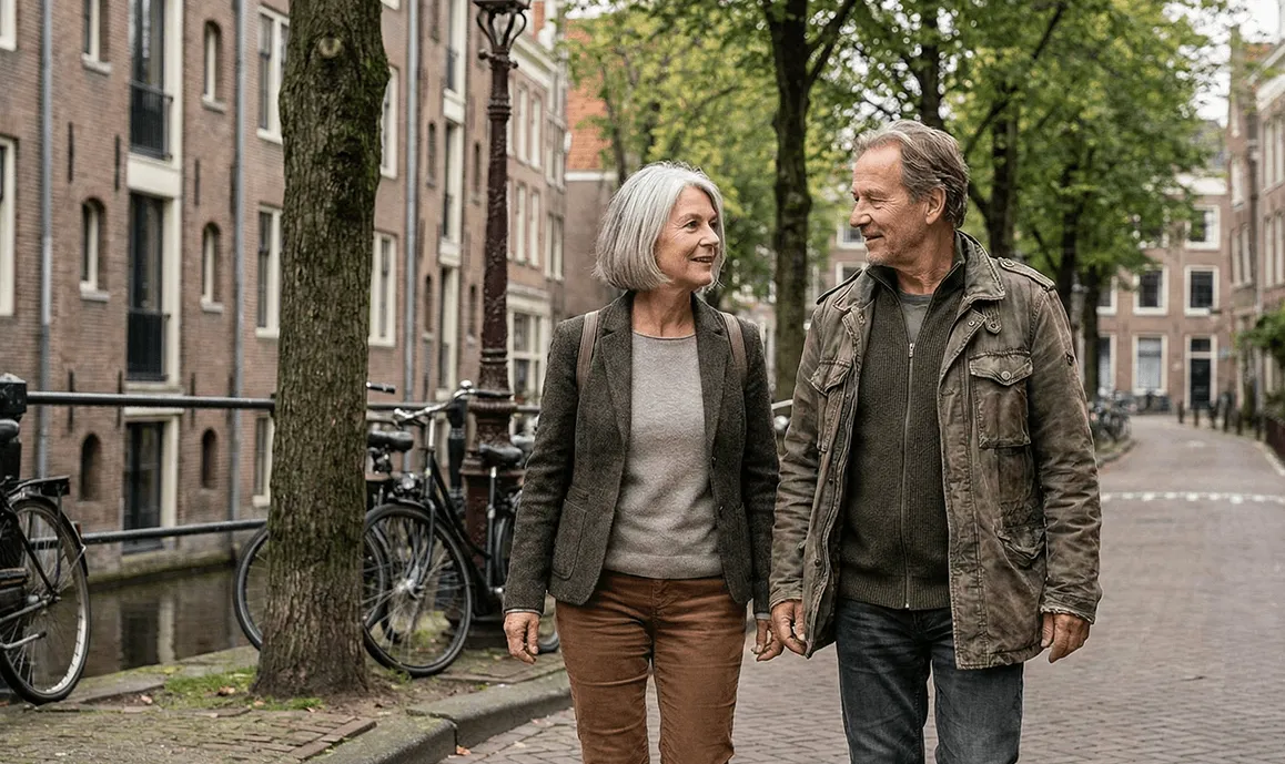 Twee mensen wandelen samen buiten.