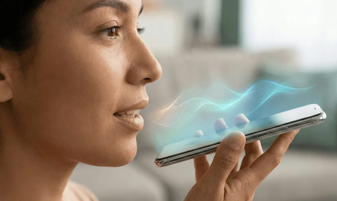 A woman records a voice message on her phone.